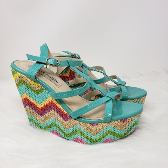 Steve Madden Maddi Teal Platform Wedge Sandals 6 - Picture 1 of 10